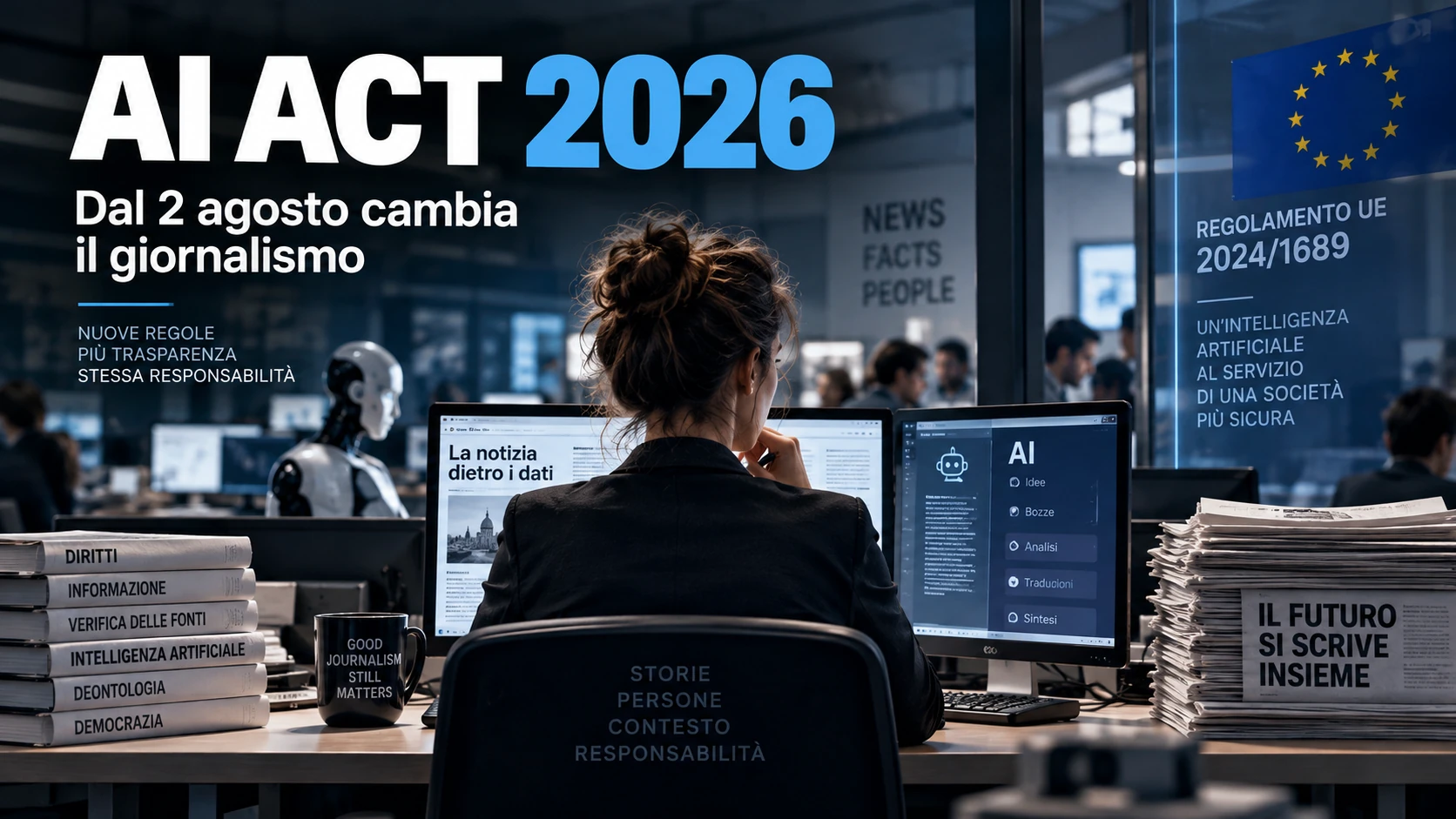 Redazione giornalistica moderna con strumenti di intelligenza artificiale, monitor, giornalisti al lavoro e riferimento all’AI Act 2026 e al Regolamento UE 2024/1689.