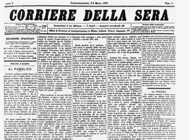 Prima pagina del Corriere della Sera del 5 marzo 1876, anno di fondazione del quotidiano