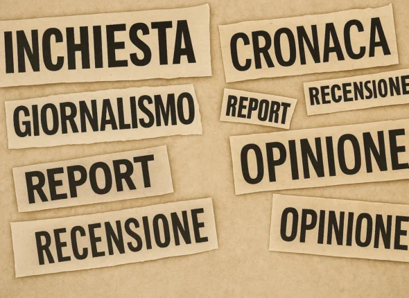 Collage di ritagli di giornale con parole cronaca, inchiesta, giornalismo, report, recensione, opinione e sport su sfondo vintage