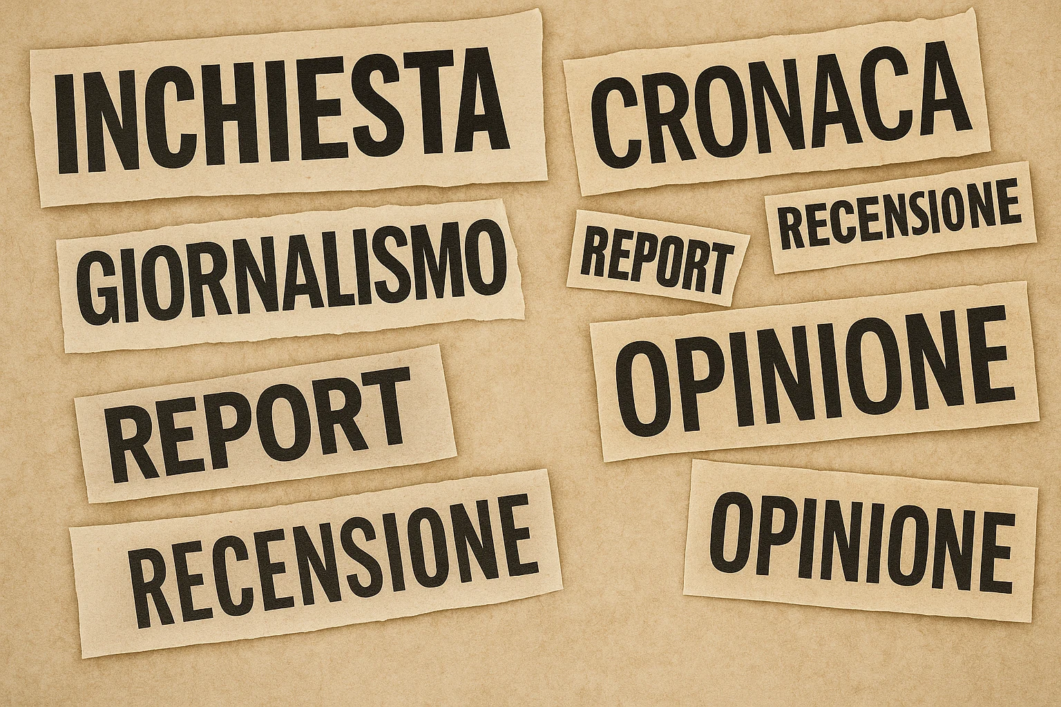 Collage di ritagli di giornale con parole cronaca, inchiesta, giornalismo, report, recensione, opinione e sport su sfondo vintage