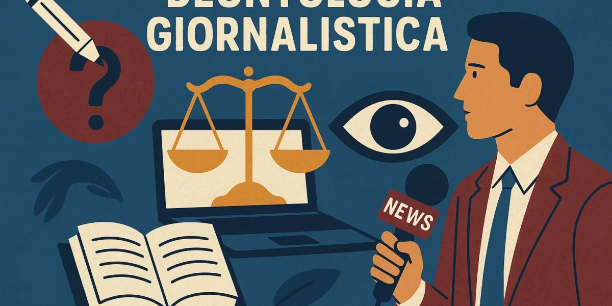 Illustrazione concettuale su deontologia giornalistica con simboli di verità, etica e libertà di stampa