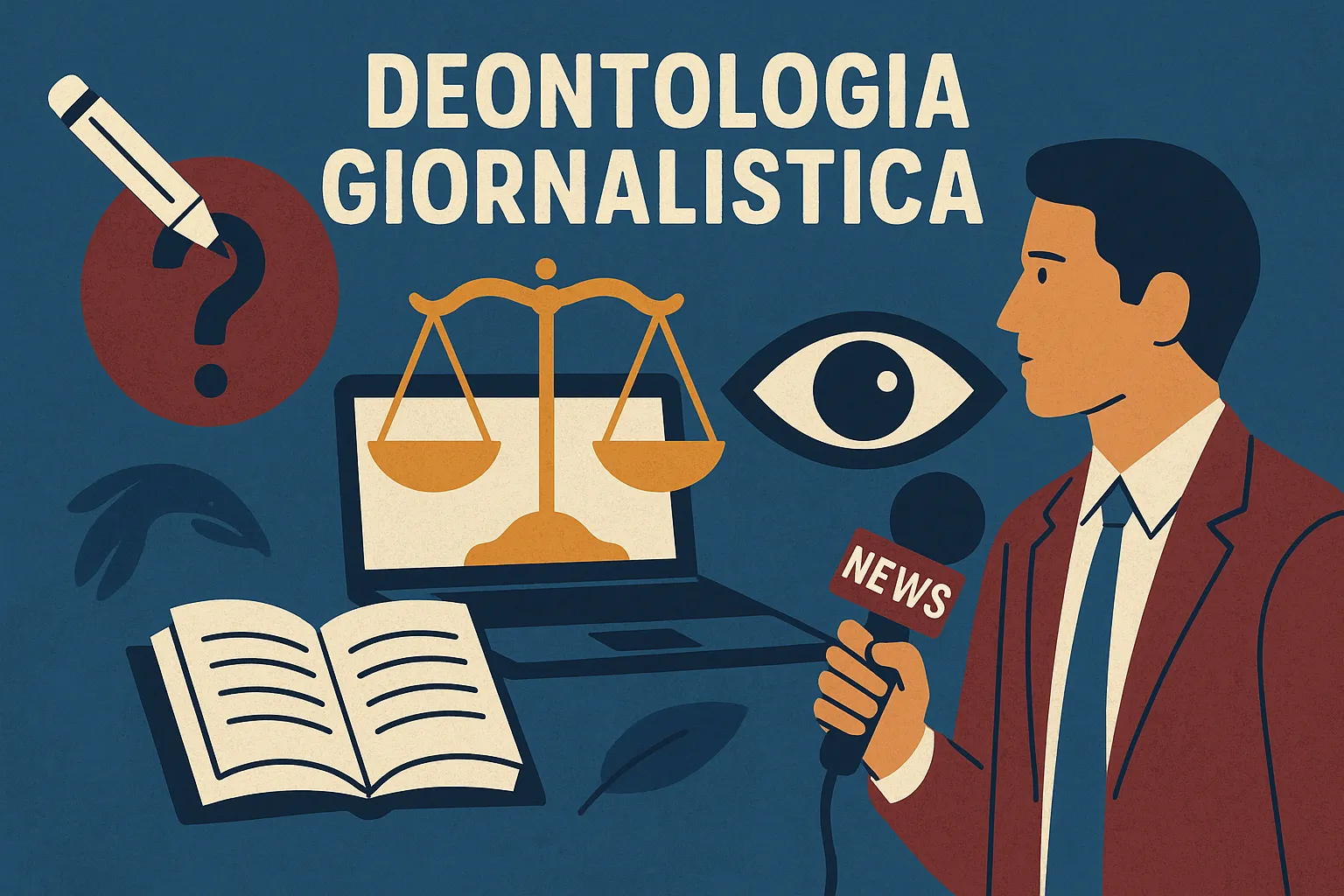 Illustrazione concettuale su deontologia giornalistica con simboli di verità, etica e libertà di stampa