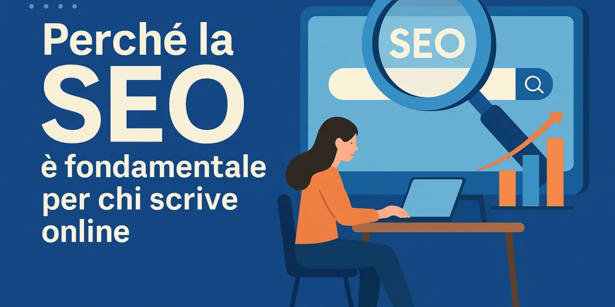 Illustrazione digitale che mostra una donna al computer mentre scrive contenuti SEO, con una lente d'ingrandimento sulla parola SEO e un grafico in crescita.