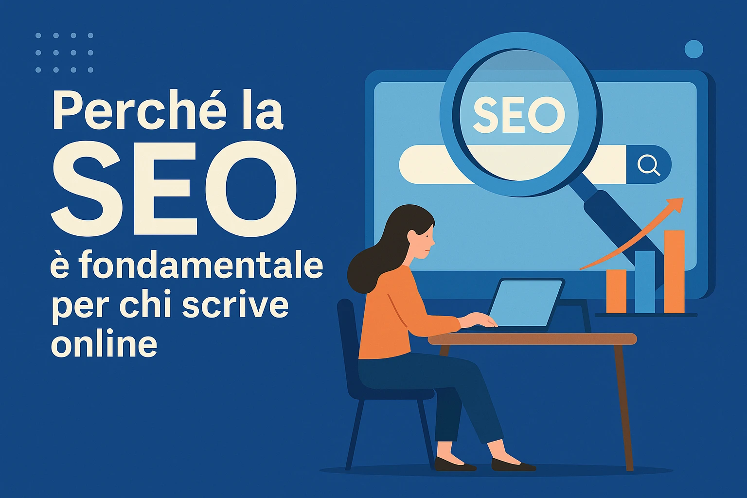 Illustrazione digitale che mostra una donna al computer mentre scrive contenuti SEO, con una lente d'ingrandimento sulla parola SEO e un grafico in crescita.