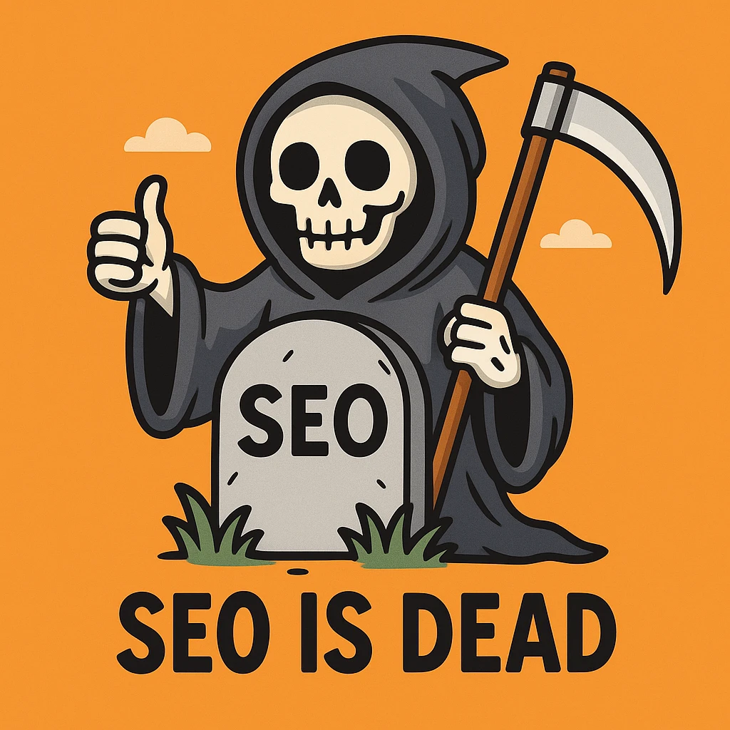 Un’illustrazione divertente raffigura un simpatico Tristo Mietitore in posa rilassata, con il pollice alzato accanto a una lapide su cui campeggia la scritta “SEO IS DEAD”. Sullo sfondo arancione vivace, l’immagine gioca con il mito della “fine della SEO” con tono leggero e provocatorio, perfetta per introdurre un articolo che smonta questa teoria.