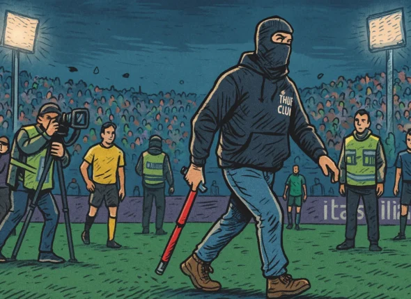 Invasione di campo durante evento sportivo – illustrazione fumettistica sul diritto di cronaca