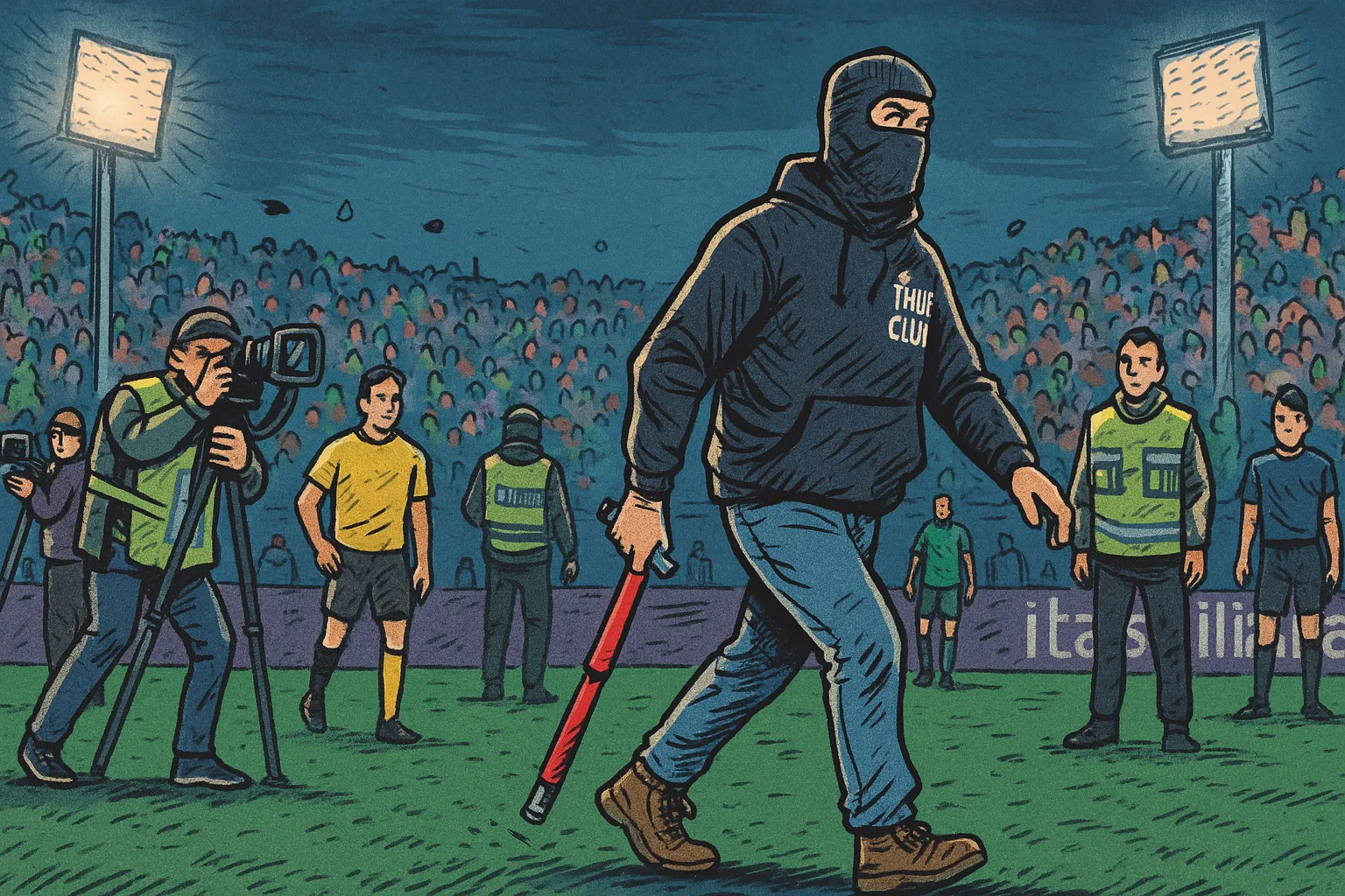 Invasione di campo durante evento sportivo – illustrazione fumettistica sul diritto di cronaca
