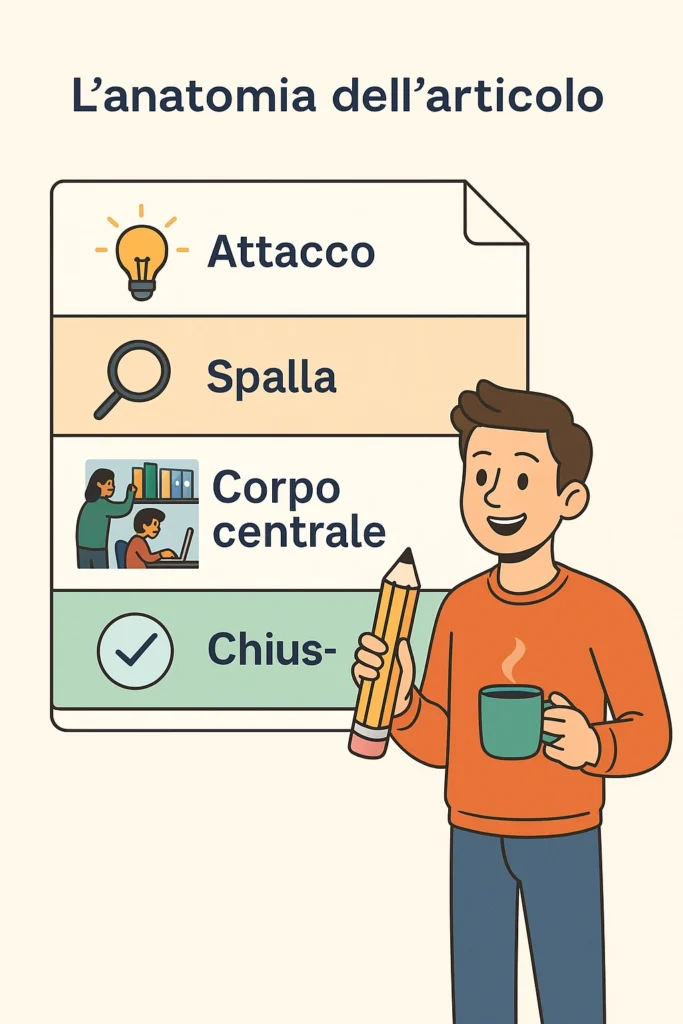 Illustrazione della struttura ideale di un articolo di giornale: attacco, spalla, corpo centrale e chiusura
