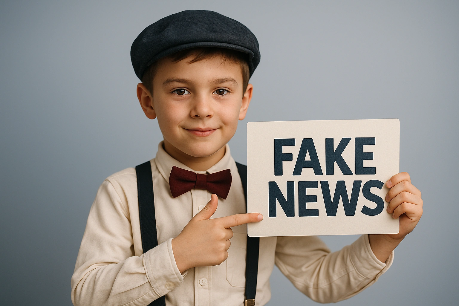 Bambino con cartello "Fake News", simbolo della disinformazione nell'era digitale