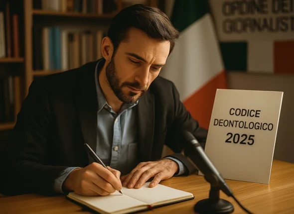 Giornalista italiano scrive appunti accanto al Codice Deontologico 2025