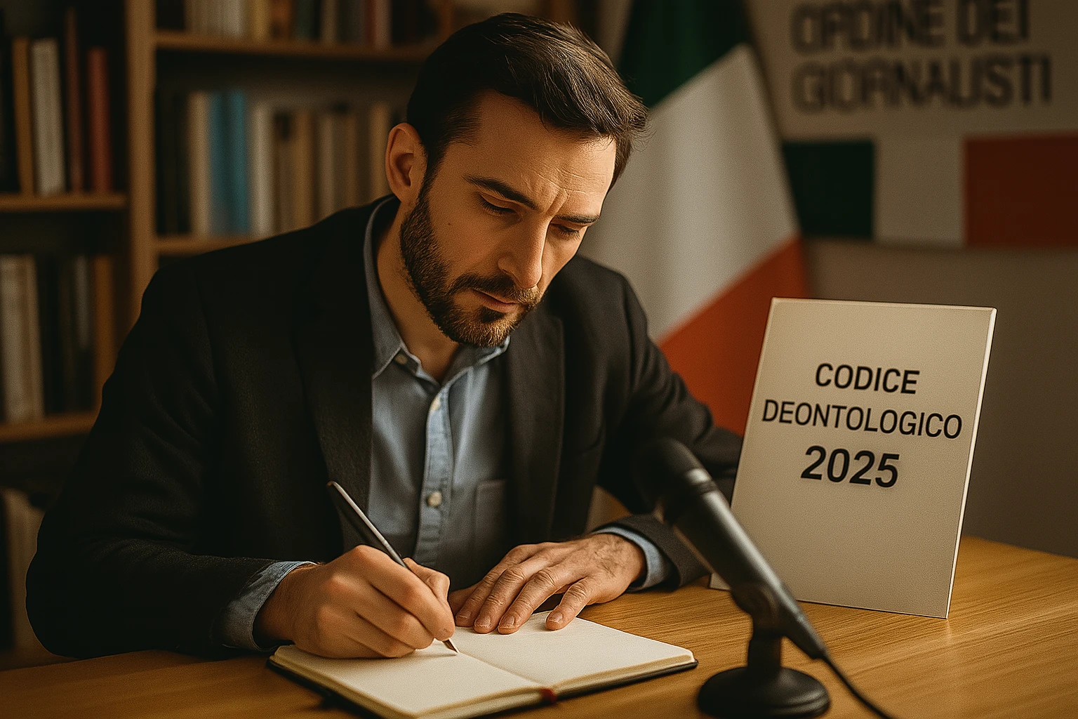 Giornalista italiano scrive appunti accanto al Codice Deontologico 2025