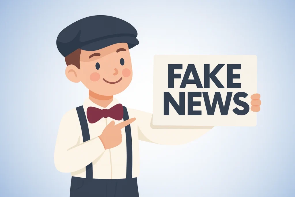 Illustrazione in stile flat di un giovane giornalista con berretto e papillon che indica un cartello con la scritta “Fake News”, simbolo della lotta alla disinformazione e dell’importanza delle fonti nel giornalismo.
