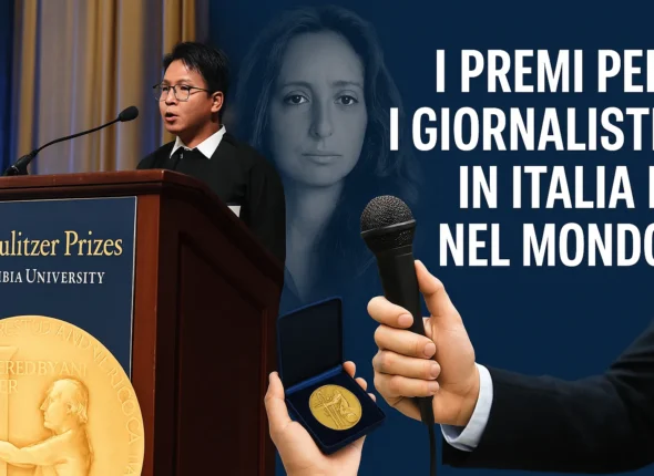 Composizione grafica con Premio Pulitzer, volto di Ilaria Alpi e microfono: i premi per i giornalisti in Italia e nel mondo