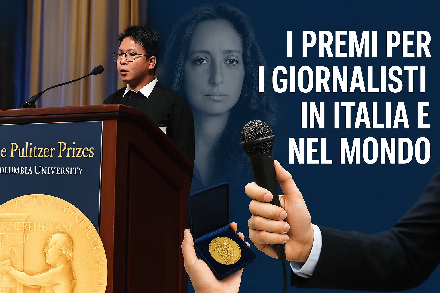 Composizione grafica con Premio Pulitzer, volto di Ilaria Alpi e microfono: i premi per i giornalisti in Italia e nel mondo