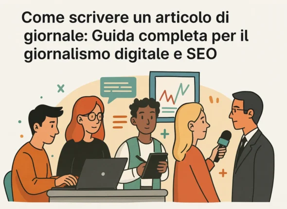 Giovani giornalisti al lavoro in redazione mentre scrivono e intervistano un esperto – copertina della guida su come scrivere un articolo di giornale