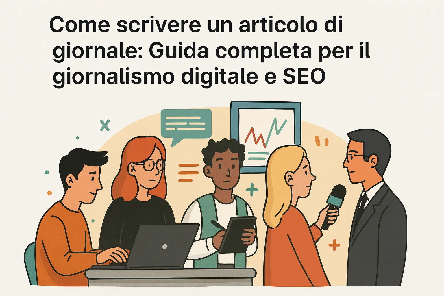 Giovani giornalisti al lavoro in redazione mentre scrivono e intervistano un esperto – copertina della guida su come scrivere un articolo di giornale