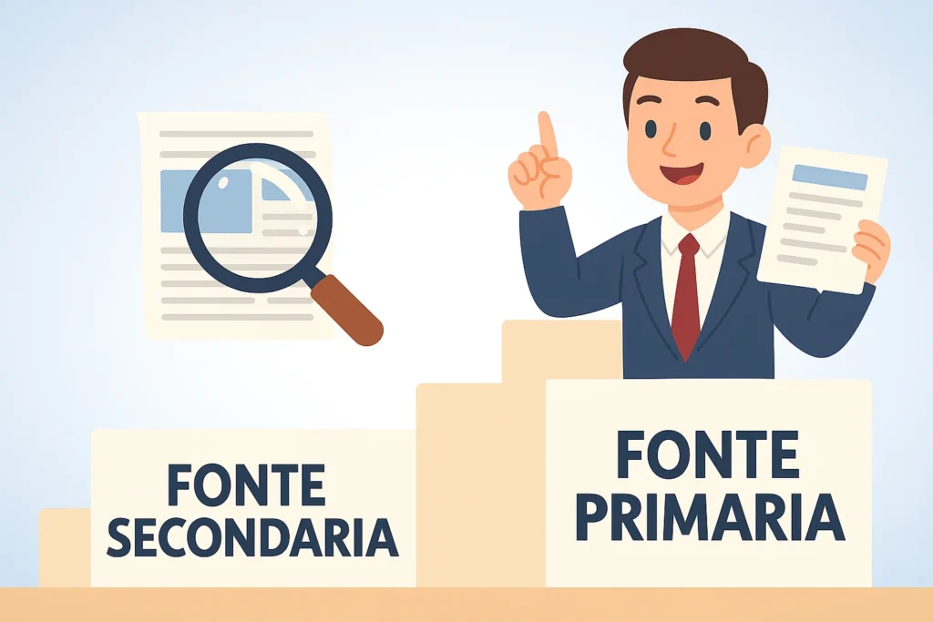 Illustrazione con due livelli: in basso una fonte secondaria rappresentata da un articolo sotto lente d’ingrandimento, in alto una fonte primaria raffigurata da un uomo con documento ufficiale.