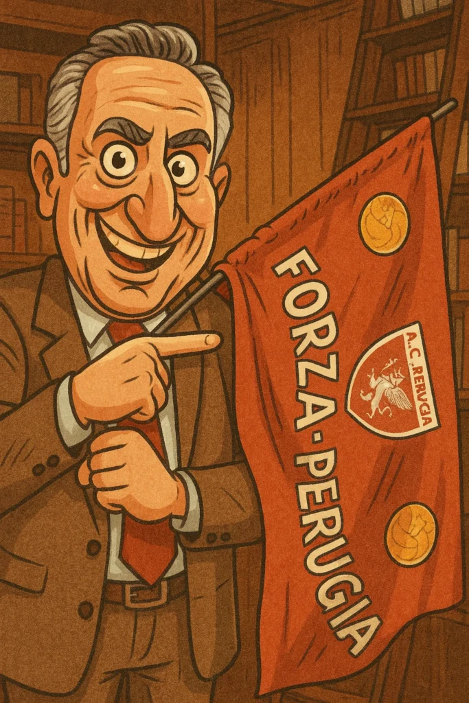 Nando Martellini in versione caricaturale mentre indica una bandiera “Forza Perugia”.