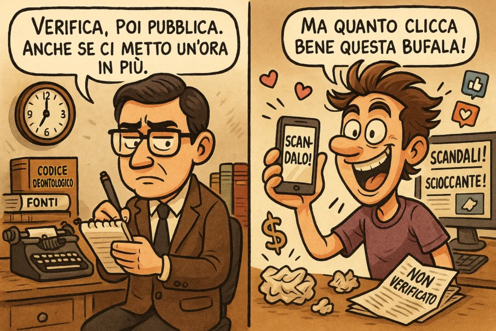 Vignetta satirica che confronta un giornalista responsabile con uno sensazionalista da clickbait