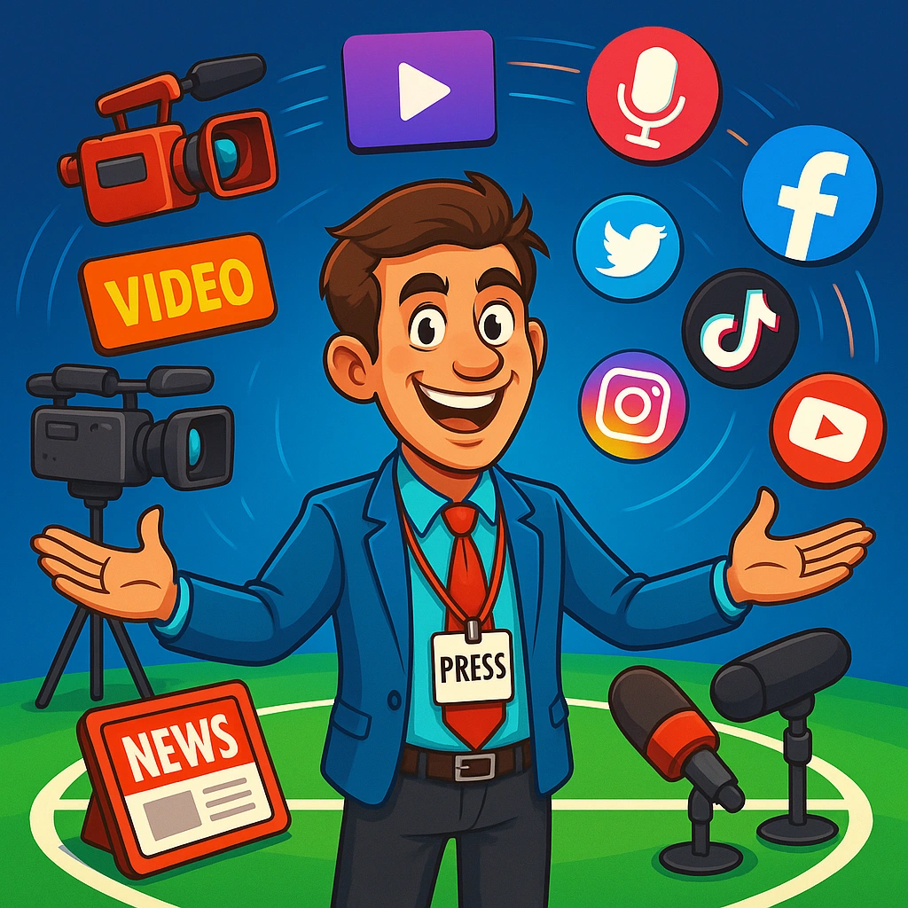 Giornalista sportivo al centro di un campo con piattaforme digitali e social media che gli ruotano intorno.