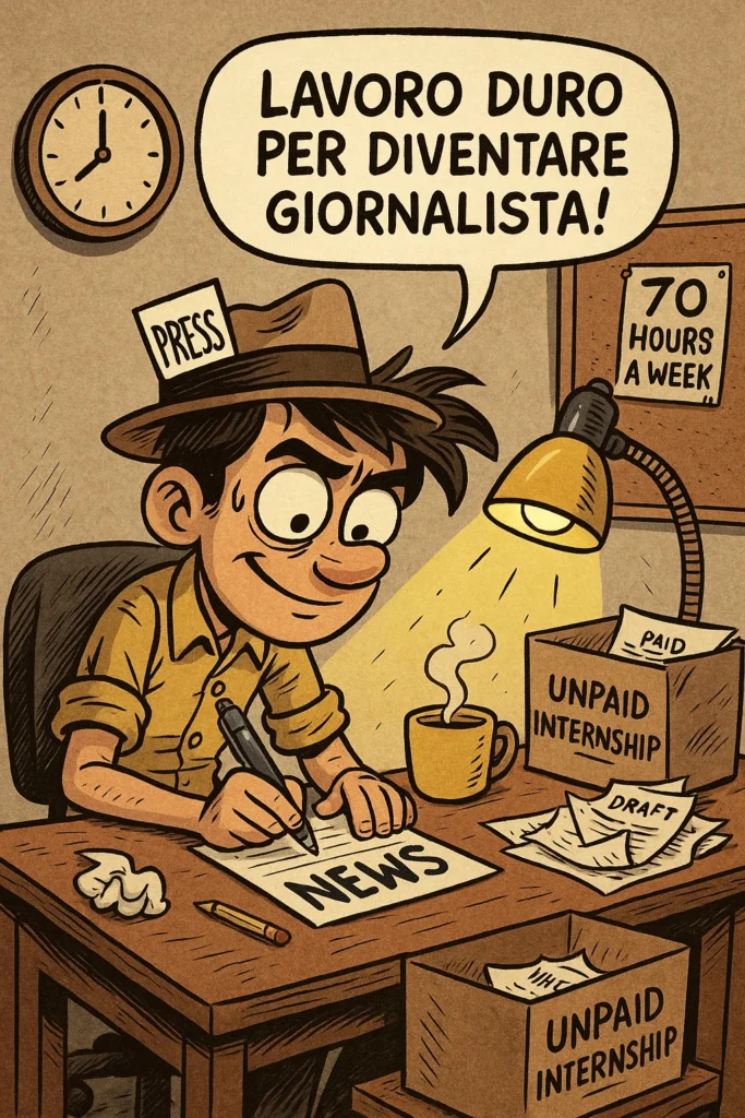 Giovane giornalista caricaturale che lavora duramente alla scrivania per inseguire il proprio sogno.