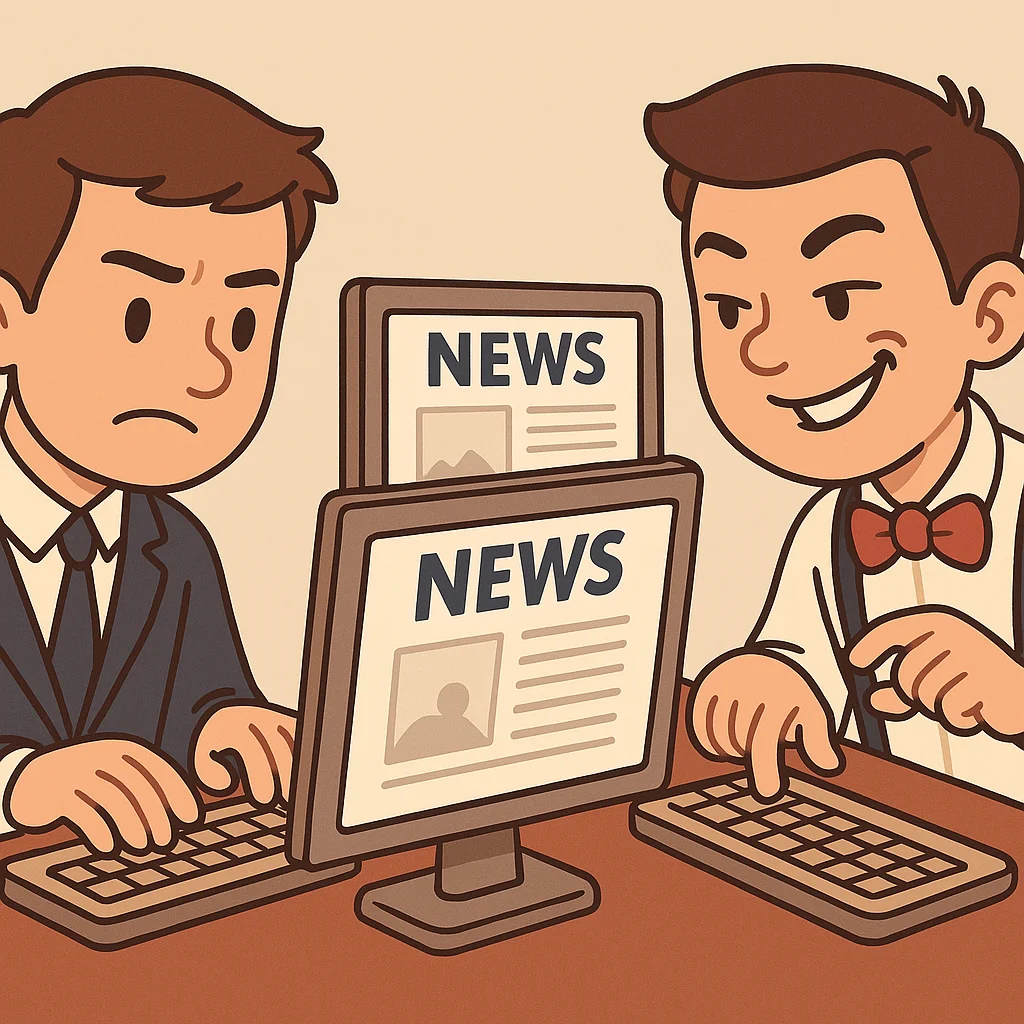 Due giovani giornalisti scrivono la stessa notizia: uno è serio e concentrato, l’altro sorride copiando dal monitor accanto
