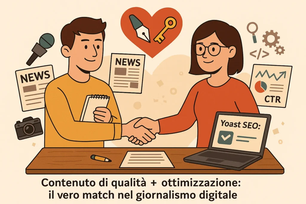 Illustrazione stilizzata di un matrimonio simbolico tra SEO e giornalismo, con un redattore e uno specialista SEO che collaborano nella scrittura di contenuti.