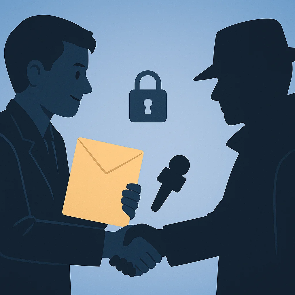 Un giornalista e una fonte anonima si stringono la mano: sullo sfondo un lucchetto bianco simboleggia la protezione dell’identità.