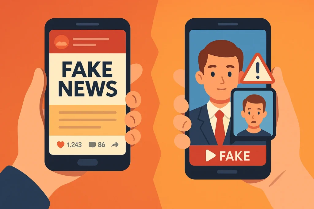 Due smartphone affiancati: a sinistra un post social etichettato “Fake News”, a destra un video manipolato con l’avviso “Fake” accanto al volto di un uomo.