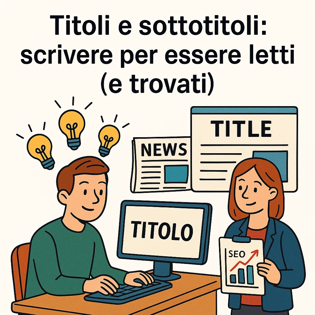 Illustrazione di un giovane giornalista che scrive titoli e sottotitoli su una lavagna digitale