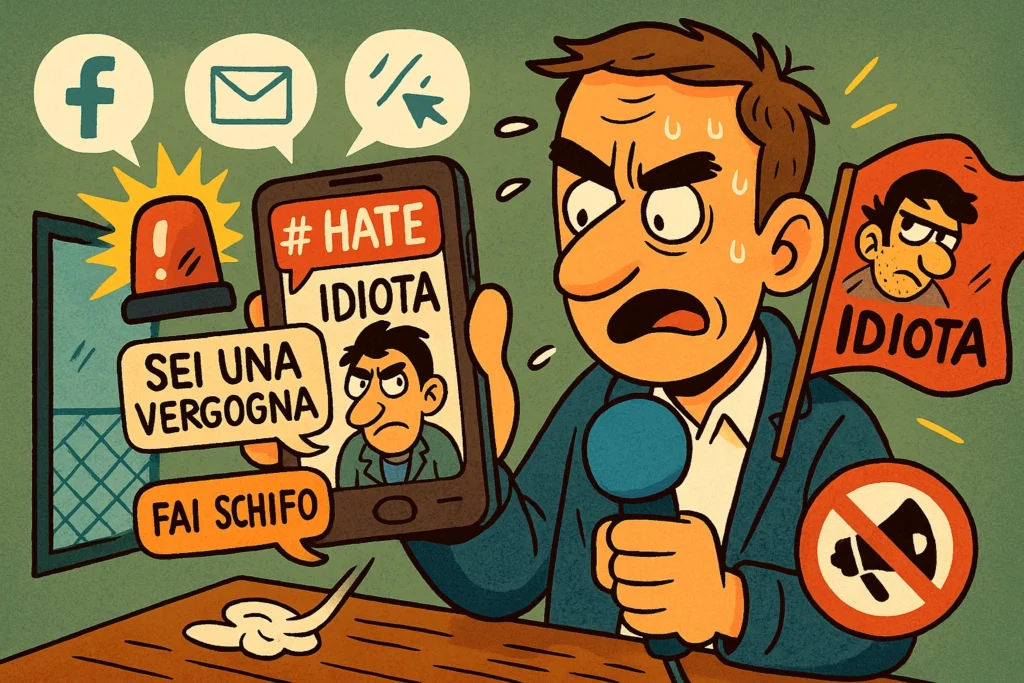 Illustrazione fumettistica che rappresenta i pericoli di hate speech e uso scorretto dei social