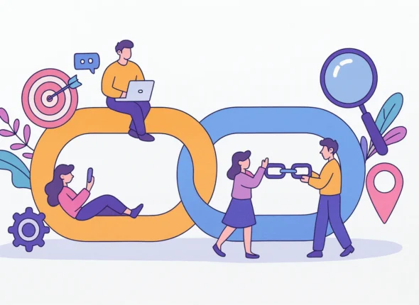 Illustrazione di link building: persone che connettono anelli di una catena; focus su backlink, menzioni e reputazione digitale