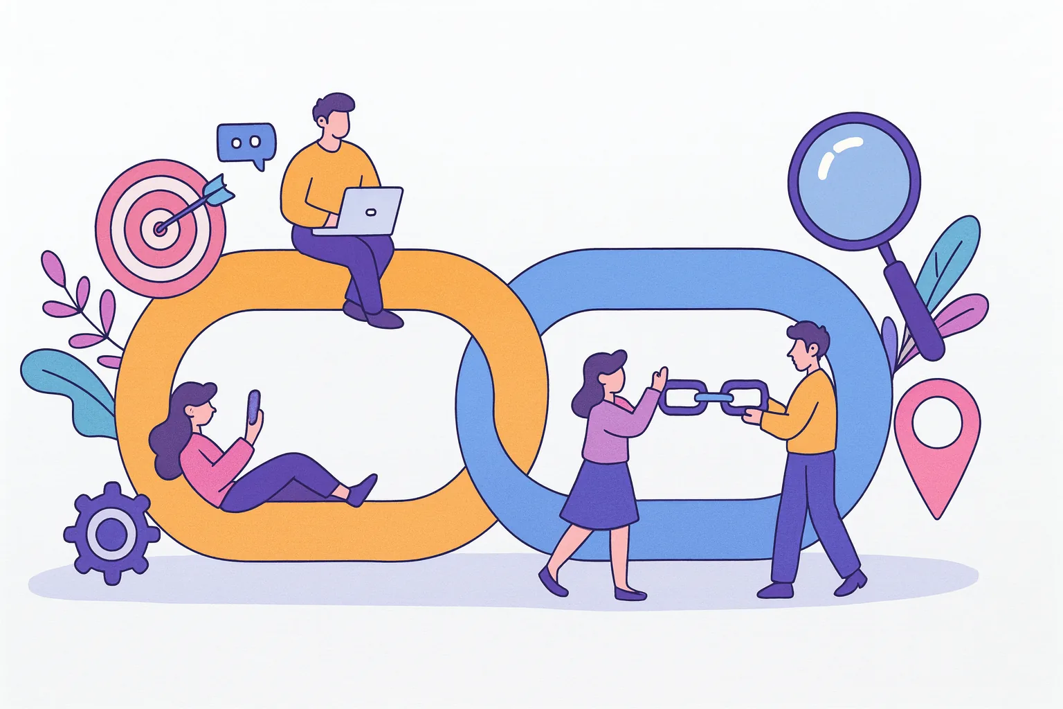 Illustrazione di link building: persone che connettono anelli di una catena; focus su backlink, menzioni e reputazione digitale