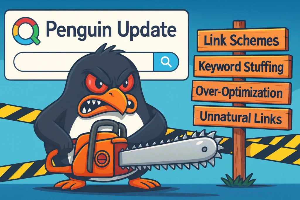 Illustrazione cartoon del pinguino di Google con espressione minacciosa e cartello su link scheme, keyword stuffing, over-optimization e link innaturali.