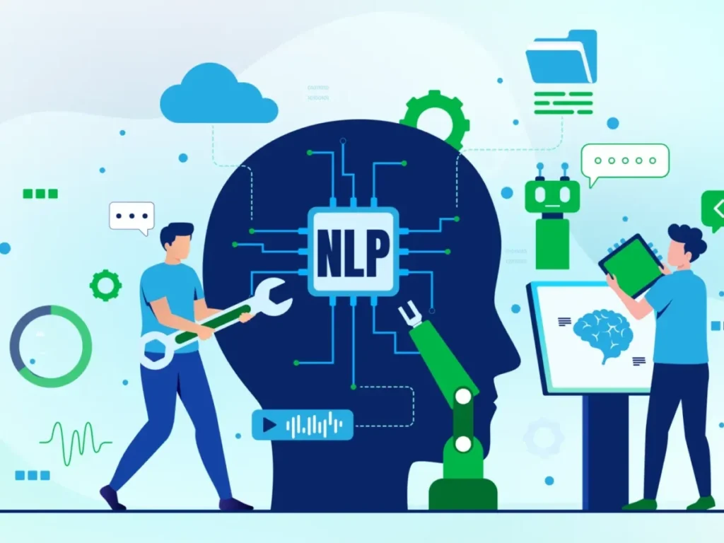 Illustrazione flat: una testa stilizzata con circuito “NLP” e due tecnici che configurano robot e dashboard; concetto di Natural Language Processing.