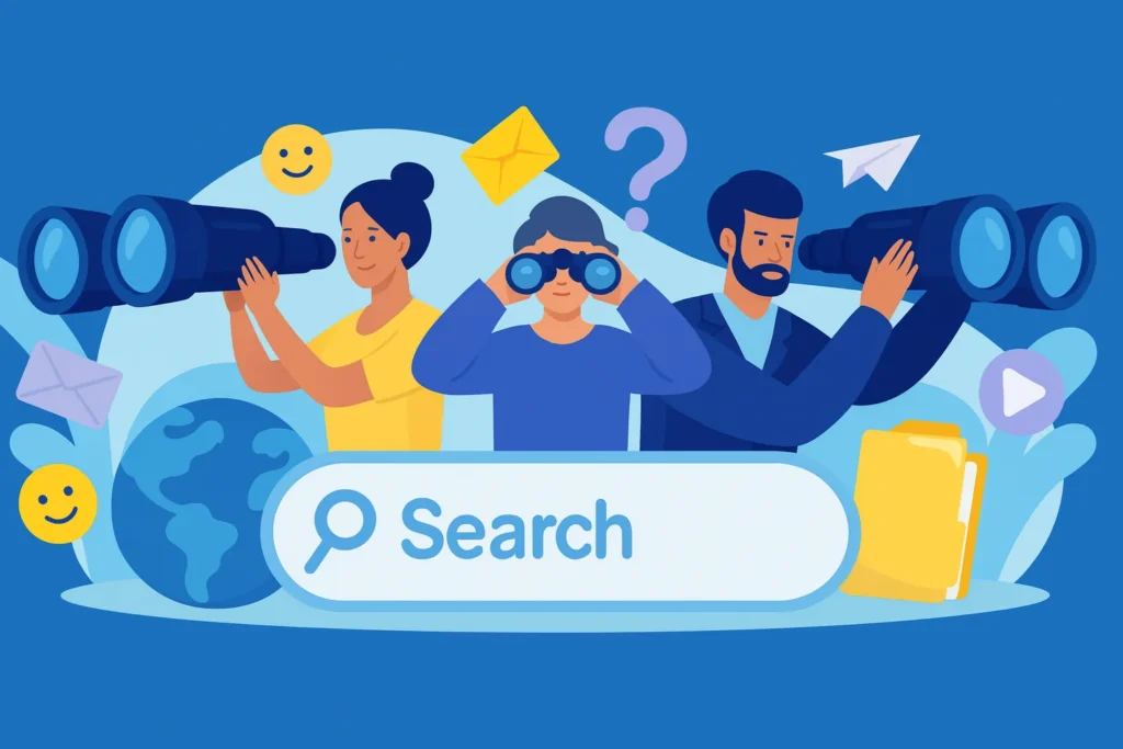 Illustrazione flat: tre persone osservano con binocoli/telescopi davanti a una barra di ricerca; concetto di discoverability, SEO e intenti di ricerca.