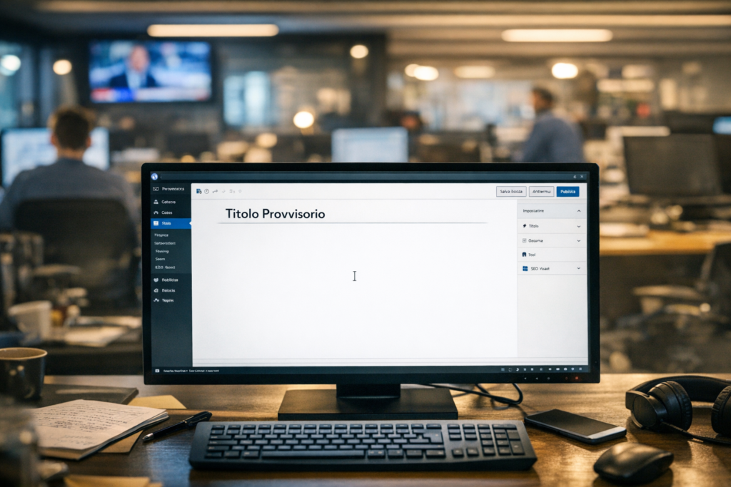 Schermo con WordPress aperto su “Titolo provvisorio” in una redazione: cursore lampeggiante e newsroom sullo sfondo