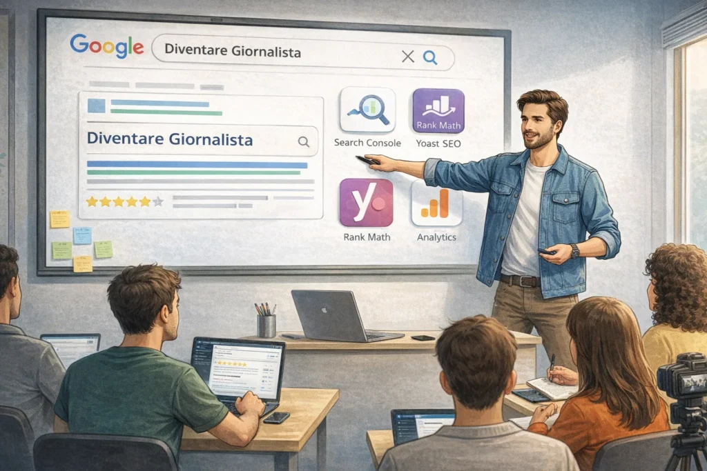 Lezione di giornalismo e SEO: tutor spiega Search Console, Yoast/Rank Math e Google su schermo