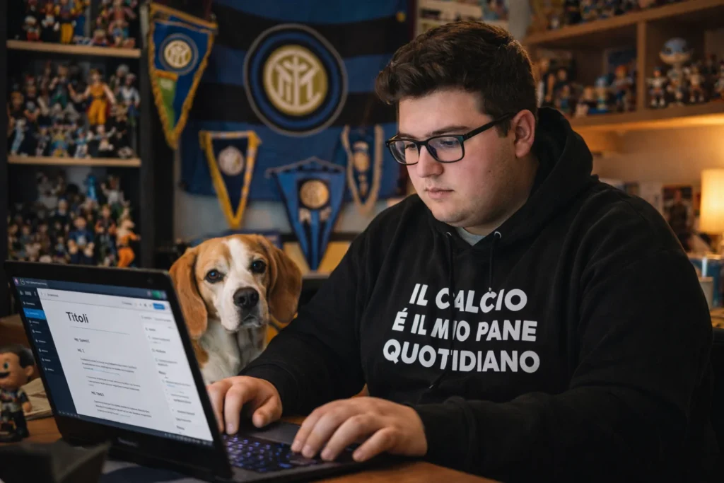 Ragazzo con occhiali che scrive su WordPress nella sua cameretta, cane accanto e poster dell’Inter