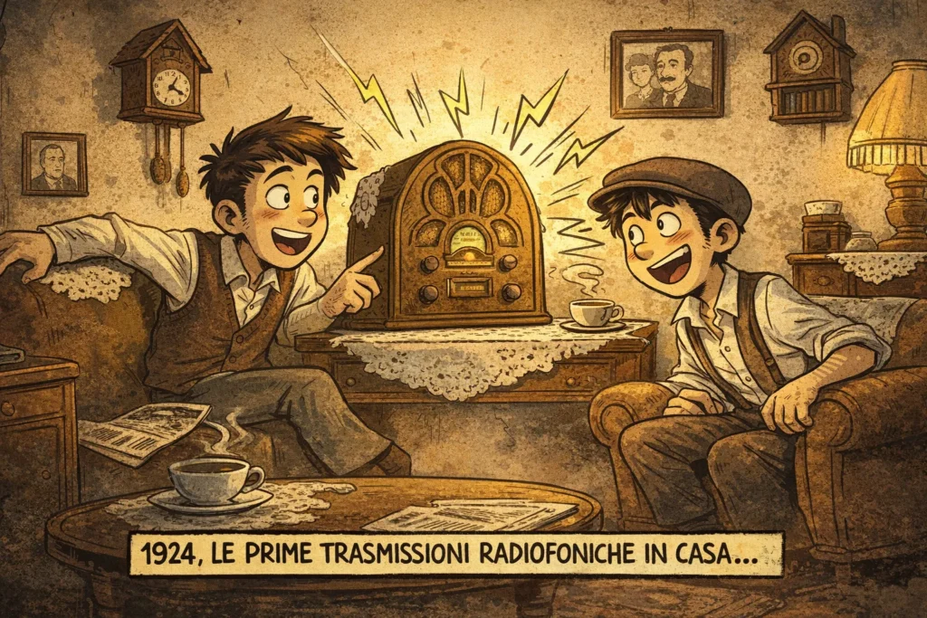 prime trasmissioni radiofoniche in Italia 1924 ascolto radio in casa fumetto
