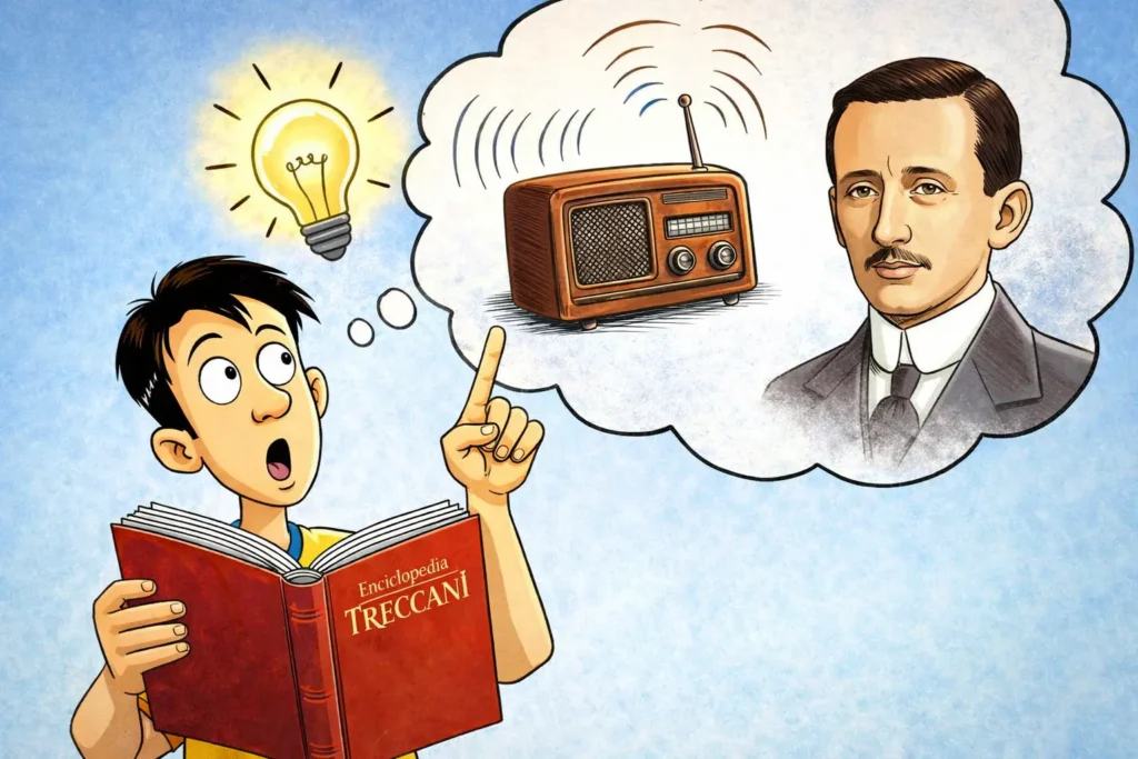 ragazzo legge enciclopedia treccani scoperta radio marconi onde elettromagnetiche fumetto