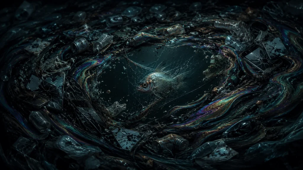 Illustrazione inquietante di un pesciolino intrappolato in una rete, circondato da una scia di spazzatura e liquido scuro come petrolio, simbolo dell’AI slop