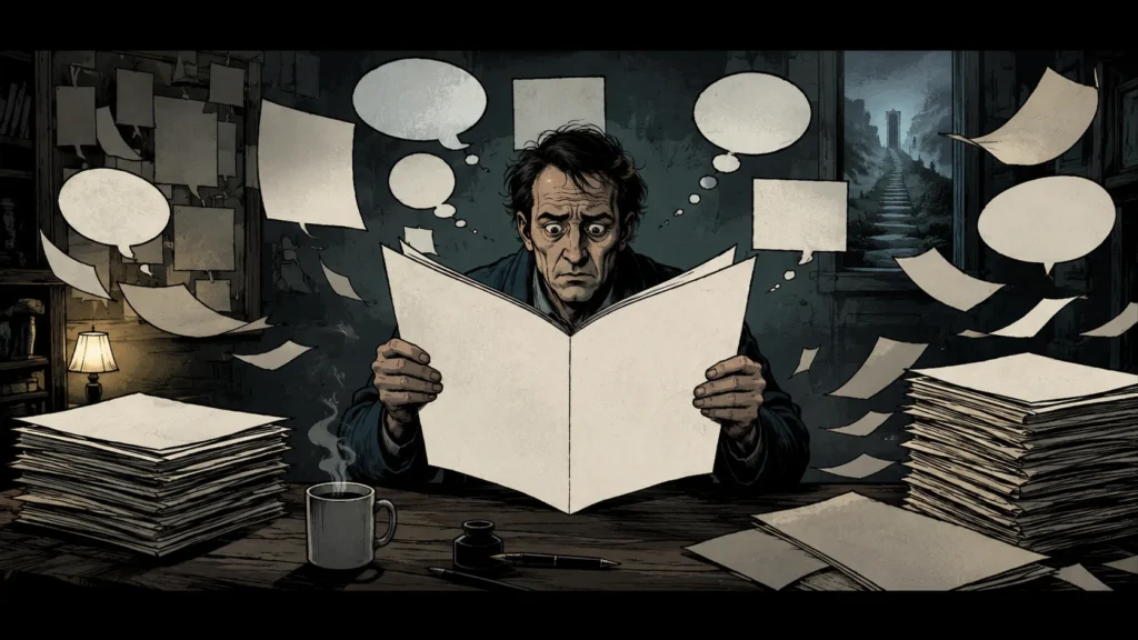 Illustrazione inquietante in stile fumetto di un uomo che legge un giornale completamente bianco, circondato da fogli vuoti e fumetti senza parole
