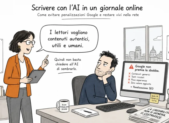 Illustrazione editoriale su come usare l’AI in un giornale online senza produrre contenuti generici e penalizzanti per Google