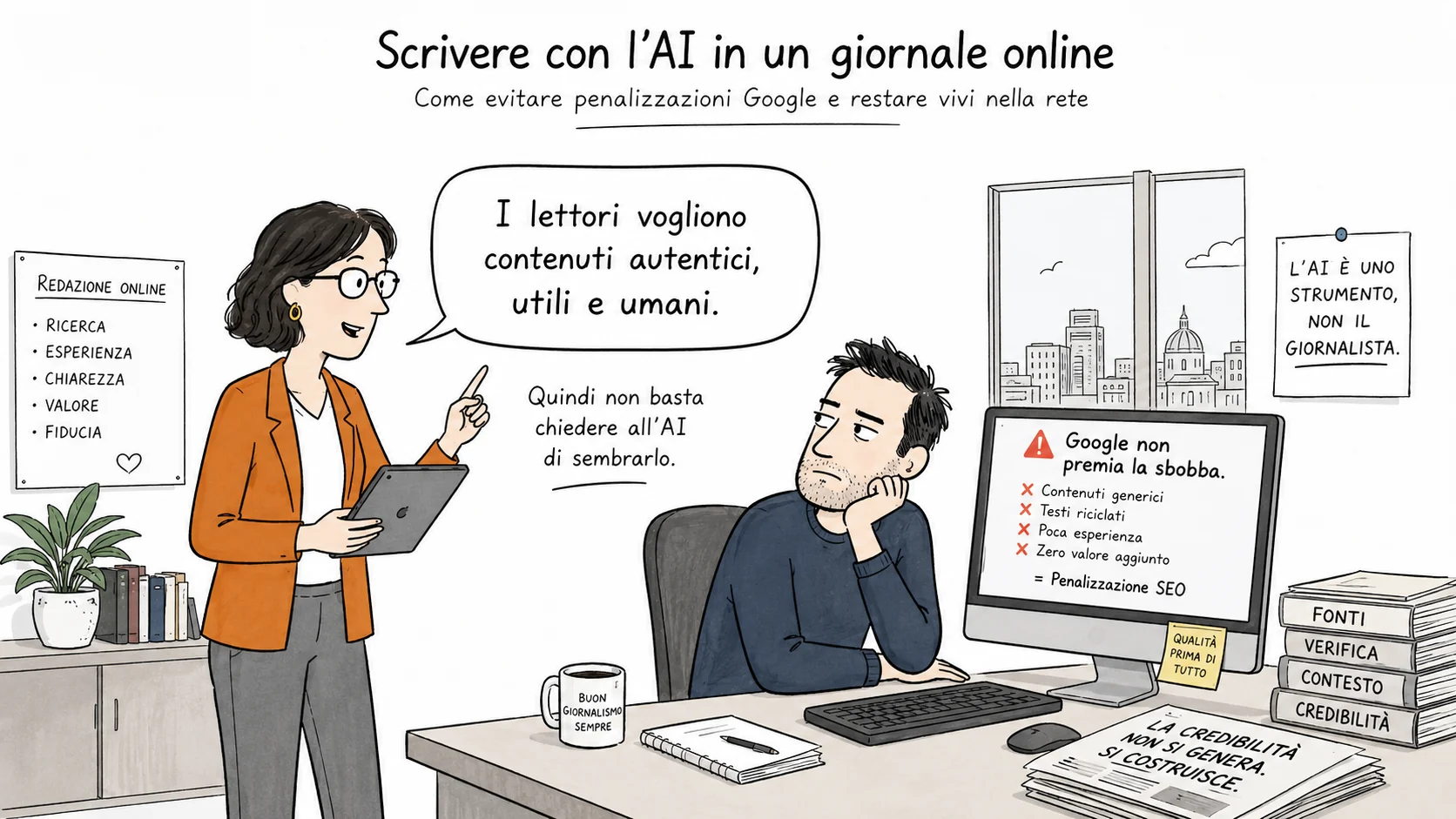 Illustrazione editoriale su come usare l’AI in un giornale online senza produrre contenuti generici e penalizzanti per Google